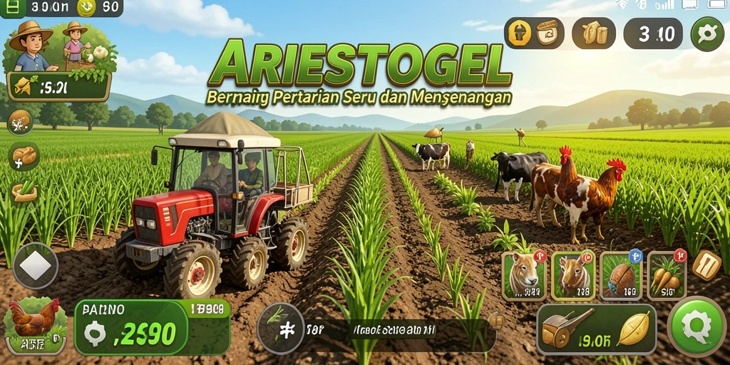 Screenshot gameplay <strong>ARIESTOGEL</strong> menunjukkan ladang pertanian yang luas dan beragam tanaman.