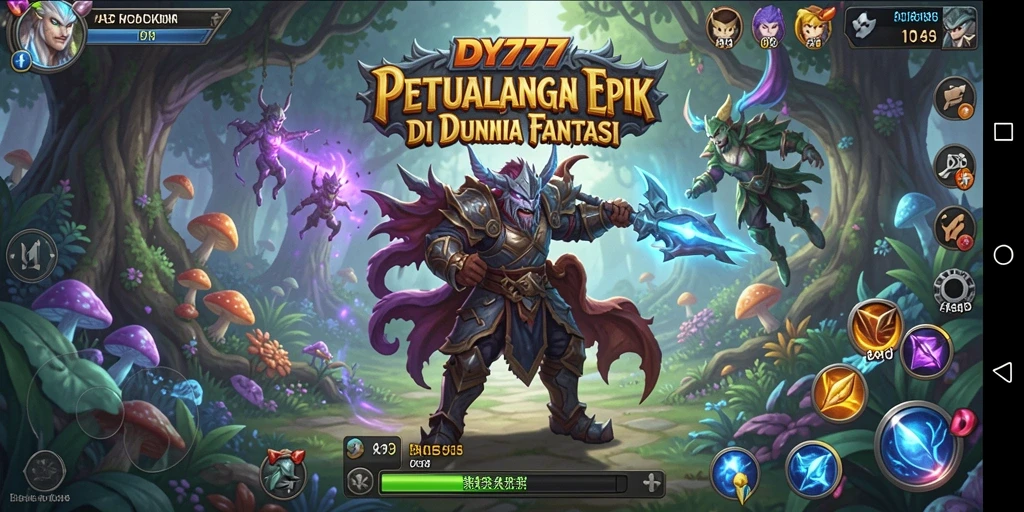 Tampilan gameplay <strong>DY777</strong> dengan pertempuran epik di dunia fantasi.