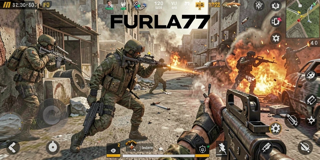 Screenshot dari gameplay intens FURLA77 dengan aksi tembak-menembak yang mendebarkan.