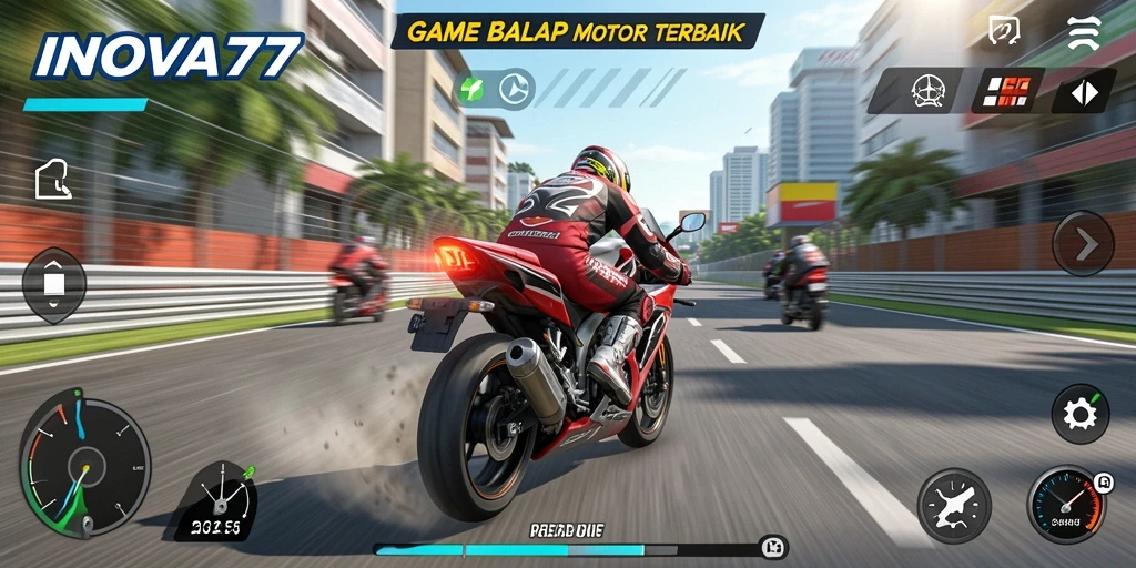 Screenshot gameplay INOVA77 dengan action balapan motor yang mendebarkan.