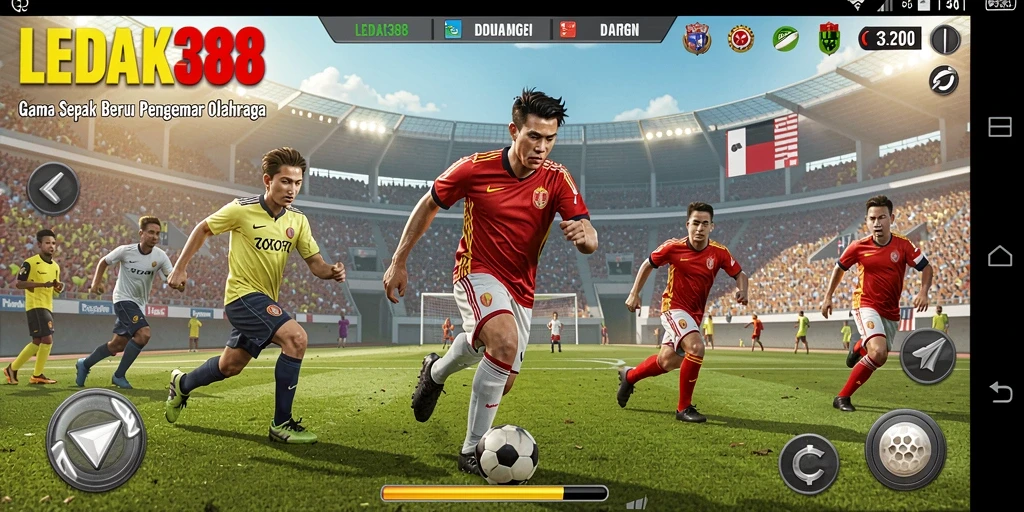 Screenshot utama LEDAK388 menampilkan aksi sepak bola yang mendebarkan.