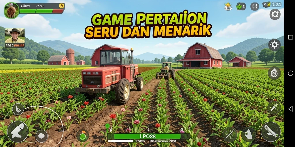 Tangkapan layar gameplay LPO88 dengan ladang hijau dan tanaman subur.