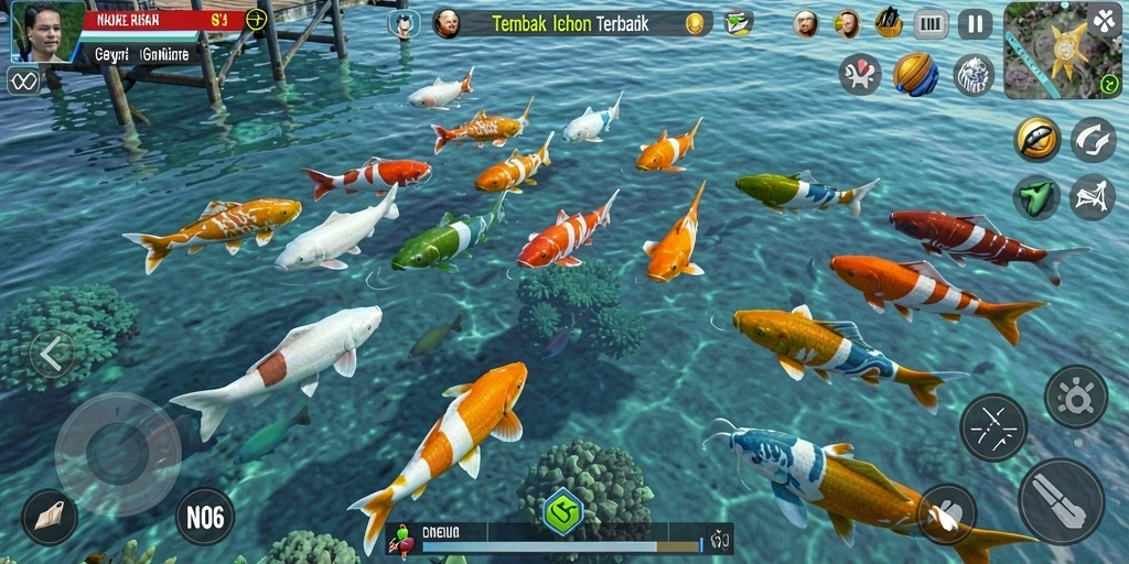 Gameplay seru N06 dengan berbagai ikan untuk dibidik.