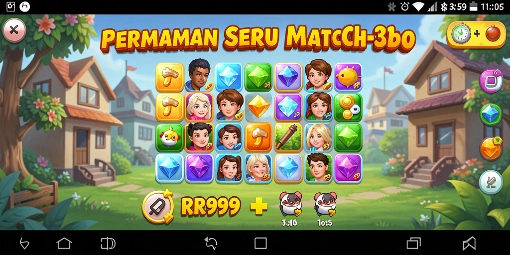 Tangkapan layar gameplay RR999 menunjukkan aksi mencocokkan permata yang penuh warna.